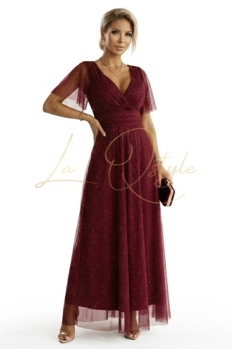 Długa błyszcząca suknia z dekoltem i krótkim rękawkiem BORDOWA