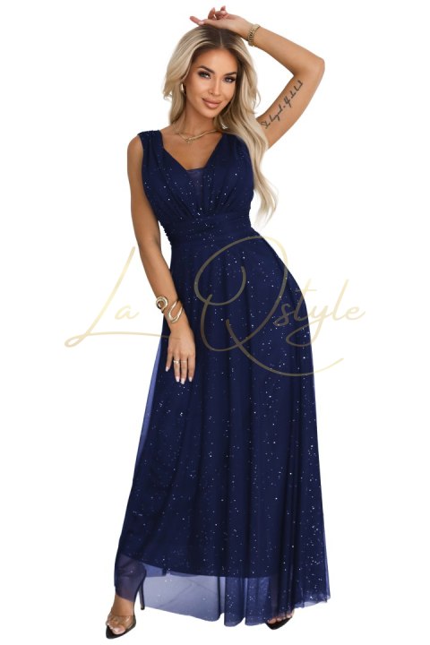 Wieczorowa długa sukienka z brokatowym akcentem i głębokim dekoltem GRANATOWA