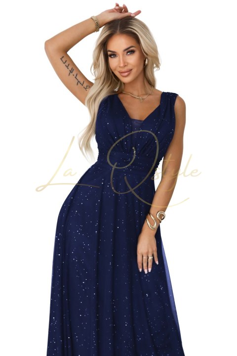 Wieczorowa długa sukienka z brokatowym akcentem i głębokim dekoltem GRANATOWA