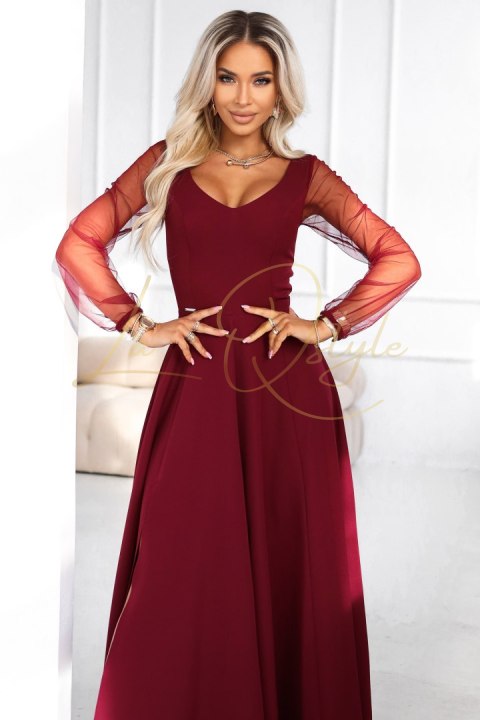 Wyjątkowa długa sukienka z tiulowymi rękawkami i dekoltem BORDOWA