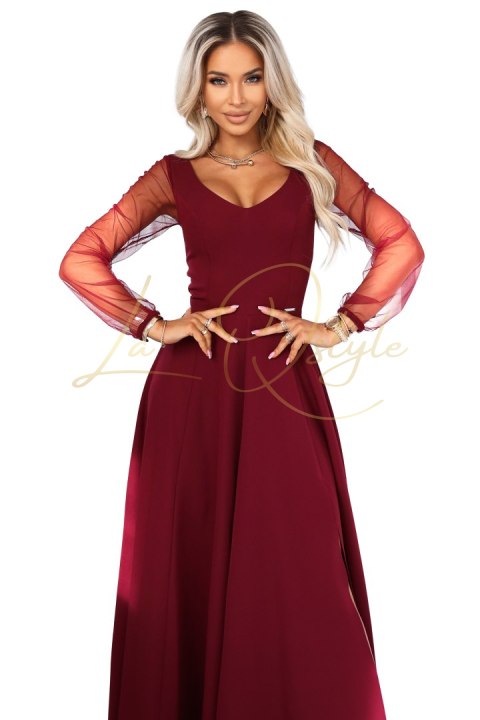 LORETTA wyjątkowa długa sukienka z tiulowymi rękawkami i dekoltem BORDOWA