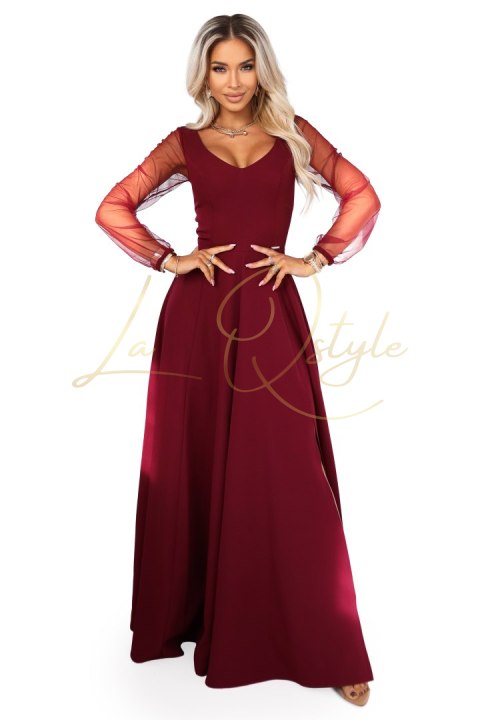 Wyjątkowa długa sukienka z tiulowymi rękawkami i dekoltem BORDOWA
