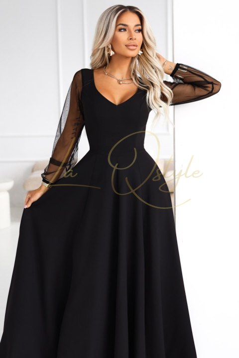 Wyjątkowa długa sukienka z tiulowymi rękawami i dekoltem CZARNA