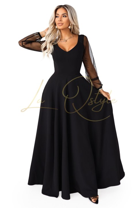 Wyjątkowa długa sukienka z tiulowymi rękawami i dekoltem CZARNA