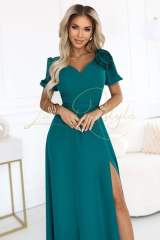 Elegancka długa sukienka z różą, paskiem i wysokim rozcięciem BUTELKOWA ZIELEŃ