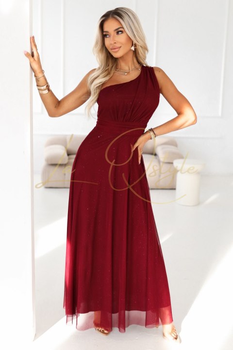 Długa błyszcząca suknia wieczorowa na jedno ramię BURGUNDOWA