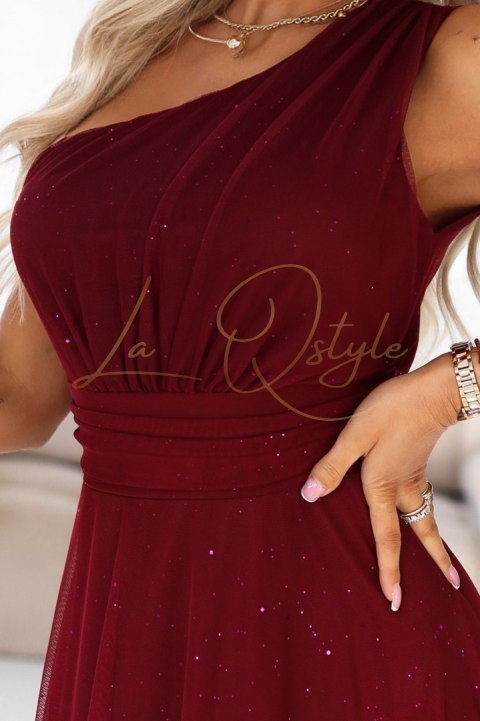 Długa błyszcząca suknia wieczorowa na jedno ramię BURGUNDOWA