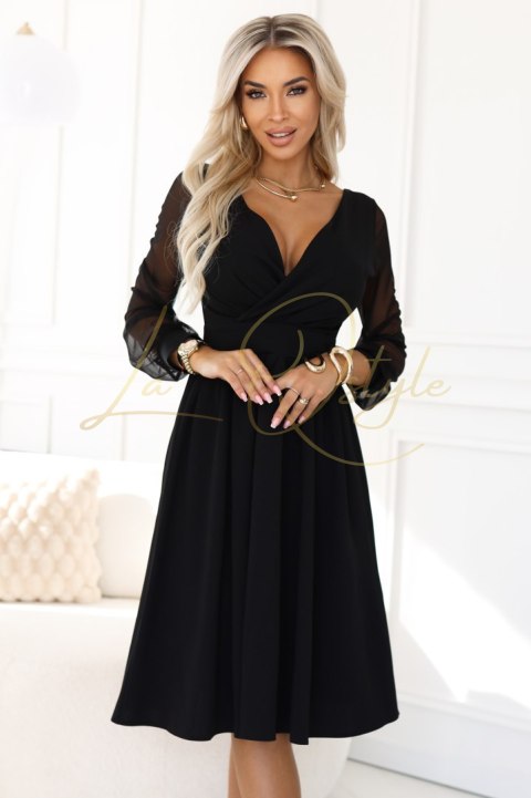 Elegancka sukienka midi z kopertowym dekoltem i tiulowymi rękawami CZARNA