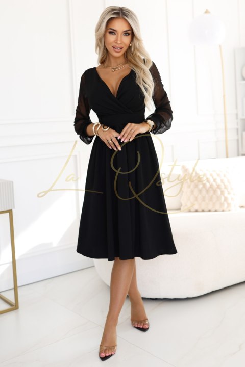 Elegancka sukienka midi z kopertowym dekoltem i tiulowymi rękawami CZARNA