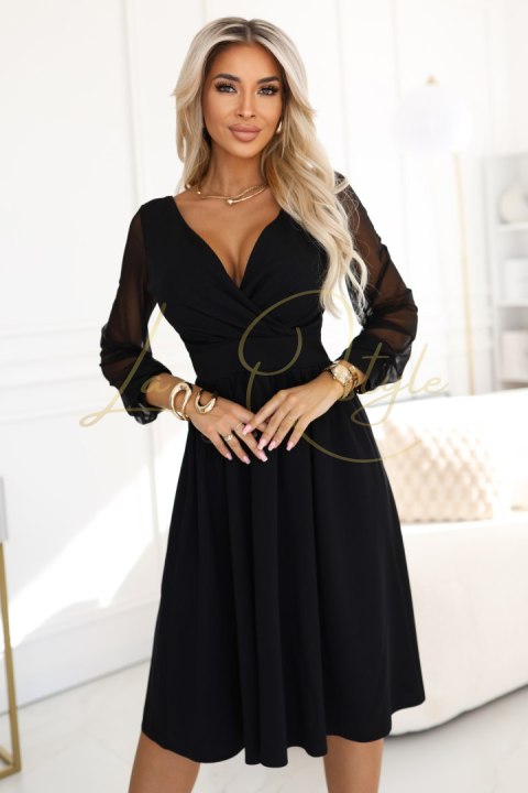 Elegancka sukienka midi z kopertowym dekoltem i tiulowymi rękawami CZARNA