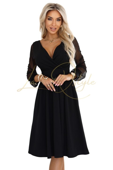 Elegancka sukienka midi z kopertowym dekoltem i tiulowymi rękawami CZARNA