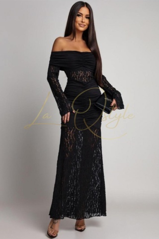 ALLEGRA koronkowa maxi sukienka z hiszpańskim dekoltem CZARNA