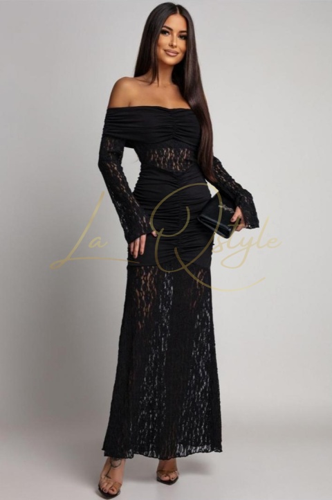 Koronkowa maxi sukienka z hiszpańskim dekoltem CZARNA