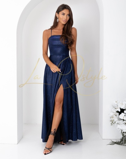 AURELIA brokatowa maxi sukienka z gorsetem i wiązaniem na plecach GRANATOWA