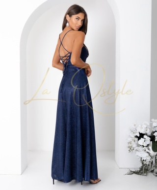 AURELIA brokatowa maxi sukienka z gorsetem i wiązaniem na plecach GRANATOWA