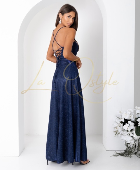 Brokatowa maxi sukienka z gorsetem i wiązaniem na plecach GRANATOWA