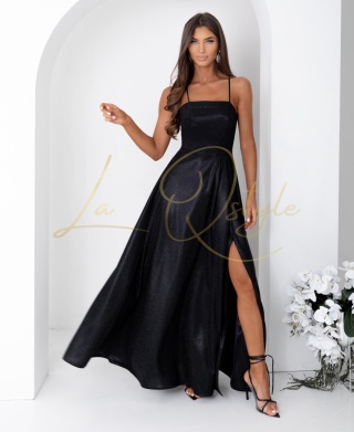 AURELIA brokatowa maxi sukienka z gorsetem i wiązaniem na plecach CZARNA