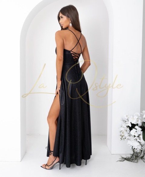 AURELIA brokatowa maxi sukienka z gorsetem i wiązaniem na plecach PUDROWY RÓŻ