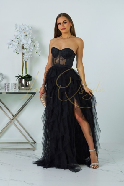 ELEONORA sukienka tiulowa z gorsetem i rozcięciem księżniczka CZARNA