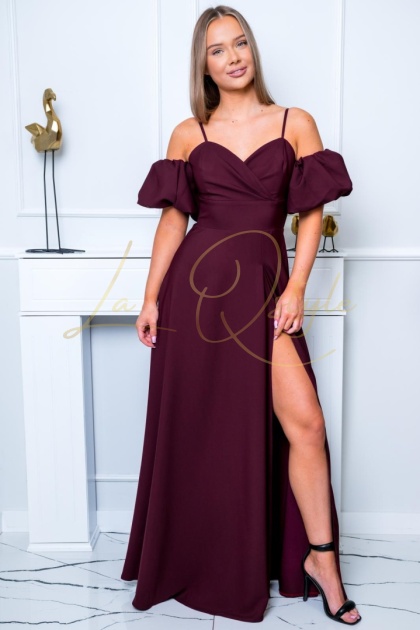 INEZ maxi gładka sukienka z nakładanymi rękawkami i wiązaniem na plecach BORDOWA