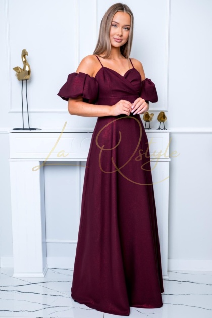 INEZ maxi błyszcząca sukienka z nakładanymi rękawkami i wiązaniem na plecach BORDOWA