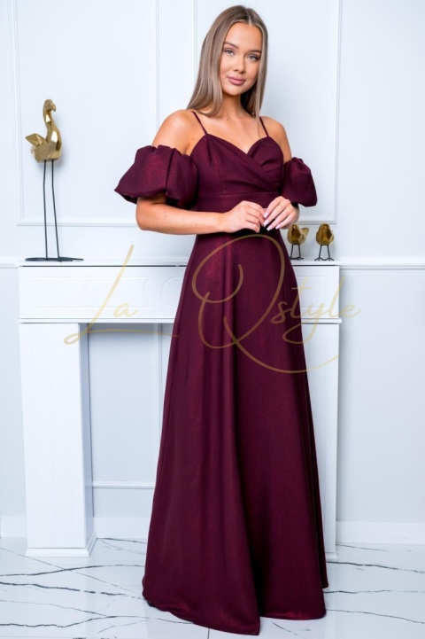 Maxi błyszcząca sukienka z nakładanymi rękawkami i wiązaniem na plecach BORDOWA