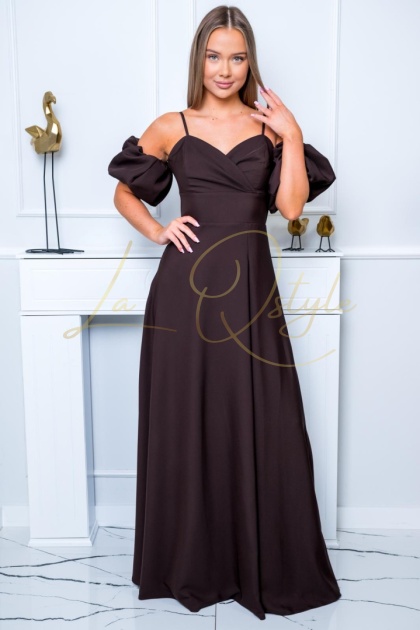 INEZ maxi gładka sukienka z nakładanymi rękawkami i wiązaniem na plecach CZEKOLADOWA