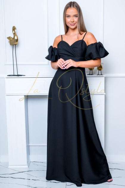 INEZ maxi gładka sukienka z nakładanymi rękawkami i wiązaniem na plecach CZARNA