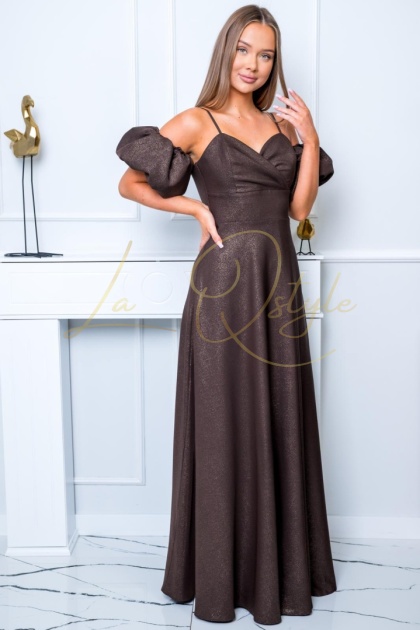 INEZ maxi błyszcząca sukienka z nakładanymi rękawkami i wiązaniem na plecach CZEKOLADOWA