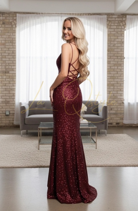 Cekinowa dopasowana sukienka z rozcięciem i wiązaniem na plecach BORDOWA