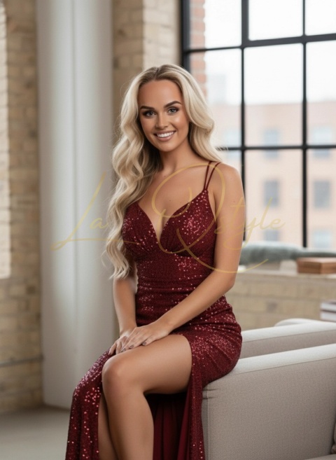 Cekinowa dopasowana sukienka z rozcięciem i wiązaniem na plecach BORDOWA