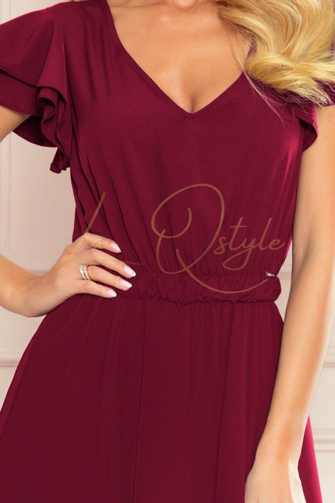 Długa sukienka z dekoltem i falbankami BORDOWA