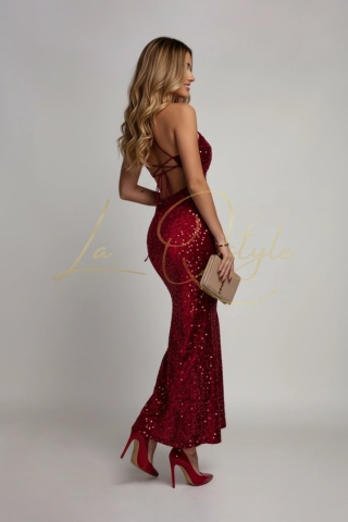 LUANA midi sukienka cekinowa na ramiączkach z wiązaniem na plecach BORDOWA