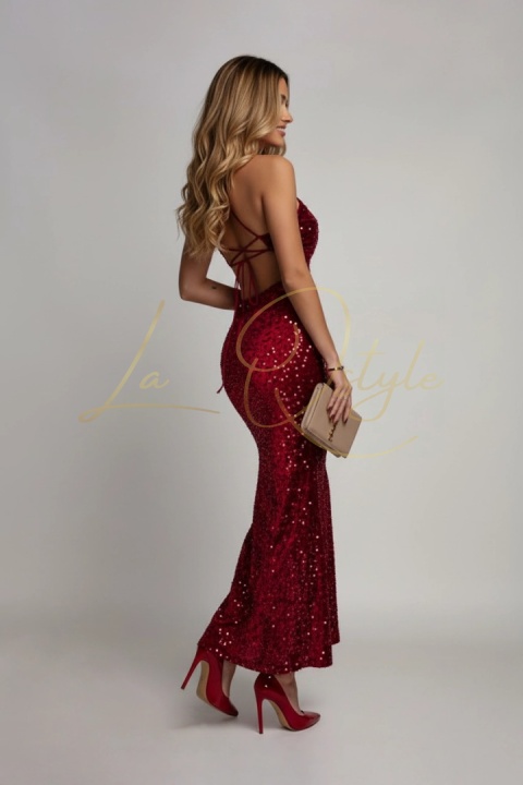 Midi sukienka cekinowa na ramiączkach z wiązaniem na plecach BORDOWA