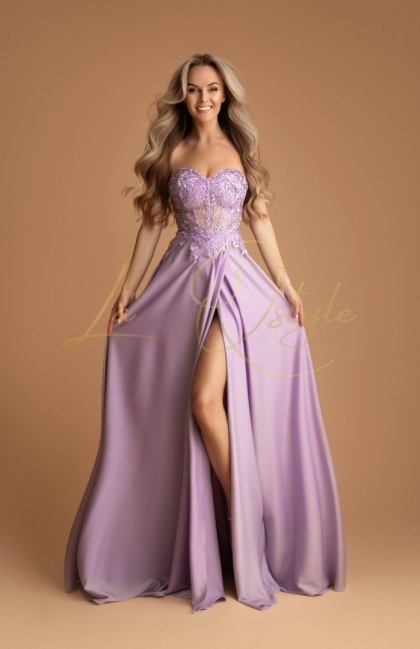 MADELEINE długa sukienka satynowa z rozcięciem i koronkowym gorsetem LILA