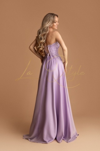 MADELEINE długa sukienka satynowa z rozcięciem i koronkowym gorsetem LILA