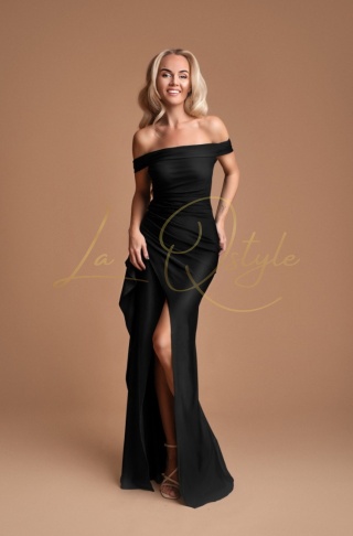 MAGALIE dopasowana sukienka z gorsetem, marszczeniami i opadającymi ramionami CZARNA