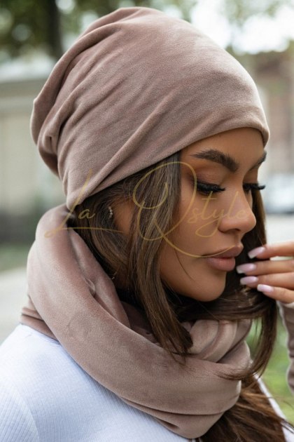 Mocca welurowy komplet czapka i komin