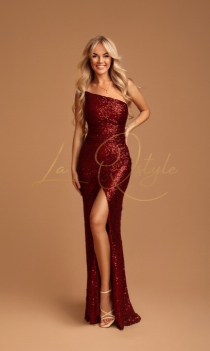 SALI dopasowana cekinowa sukienka z asymetrycznym gorsetem BORDOWA