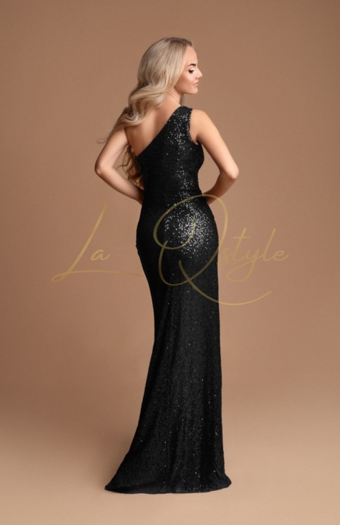 Dopasowana cekinowa sukienka z asymetrycznym gorsetem CZARNA