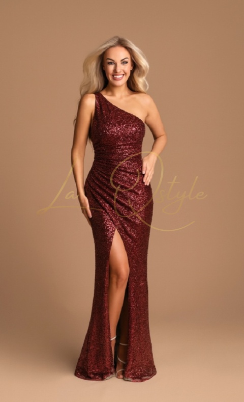 Dopasowana cekinowa sukienka na jedno ramię BORDOWA