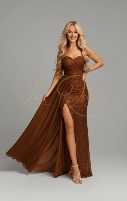 SUZIE dopasowana cekinowa sukienka z gorsetem i trenem CZEKOLADOWA