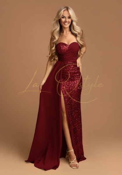 SUZIE dopasowana cekinowa sukienka z gorsetem i trenem BORDOWA