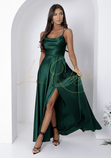 VALERIA sukienka satynowa z wiązaniem na plecach BUTELKOWA ZIELEŃ