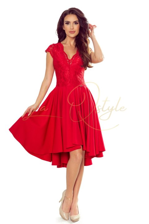 Sukienka z dłuższym tyłem i koronkowym dekoltem CZERWONA