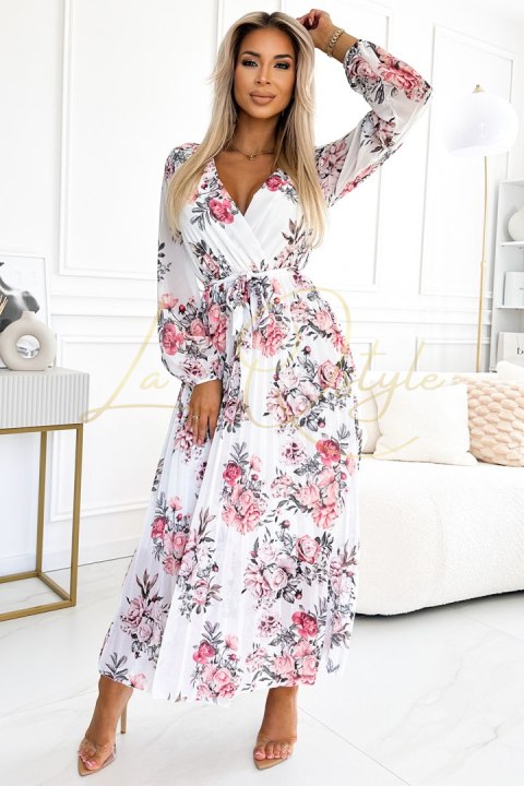 Plisowana sukienka MIDI z dekoltem, długim rękawkiem i paskiem - biała w czerwone RÓŻE