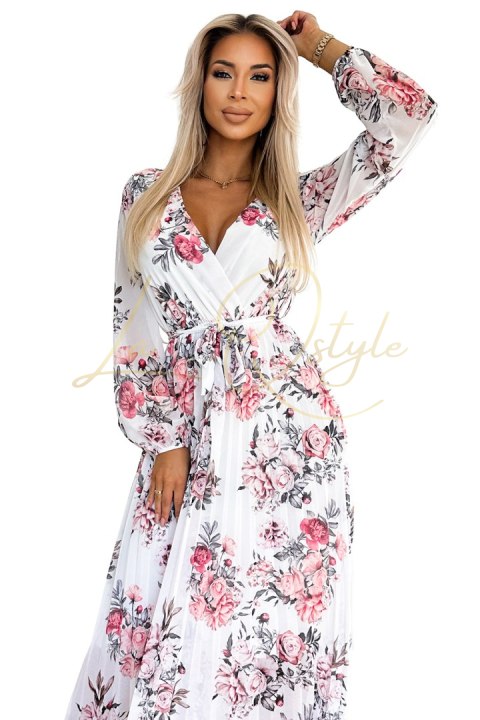 Plisowana sukienka MIDI z dekoltem, długim rękawkiem i paskiem - biała w czerwone RÓŻE