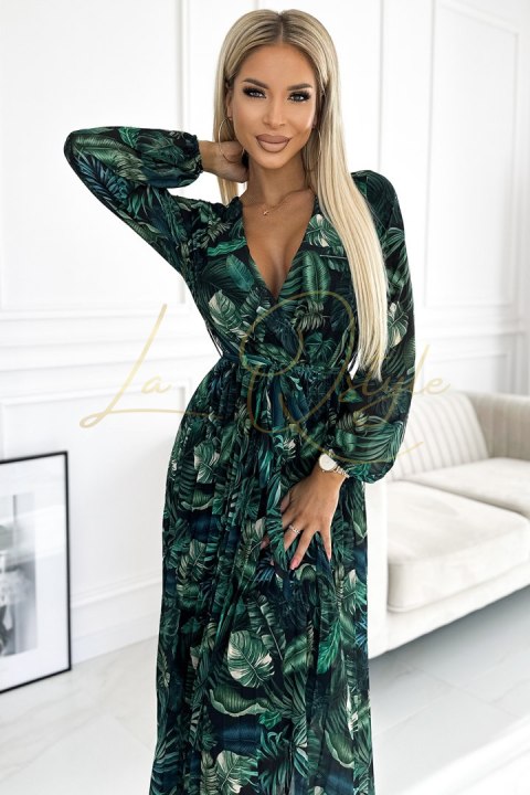 Plisowana szyfonowa długa sukienka z dekoltem, długim rękawkiem i paskiem ZIELONE LIŚCE