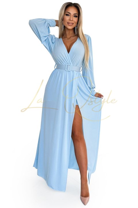 536-1 FIORELLA Długa suknia z szerokim paskiem i dekoltem - BŁĘKITNA