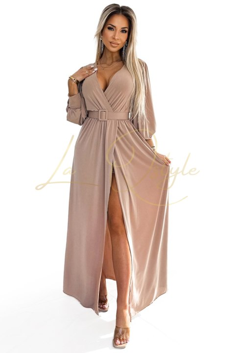 536-2 FIORELLA Długa suknia z szerokim paskiem i dekoltem - BEŻOWA